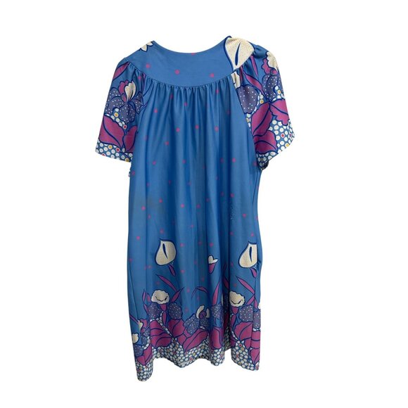 Vintage Granada Blue Floral House Dress Medium Short Sleeve Snap Front - Picture 2 of 11